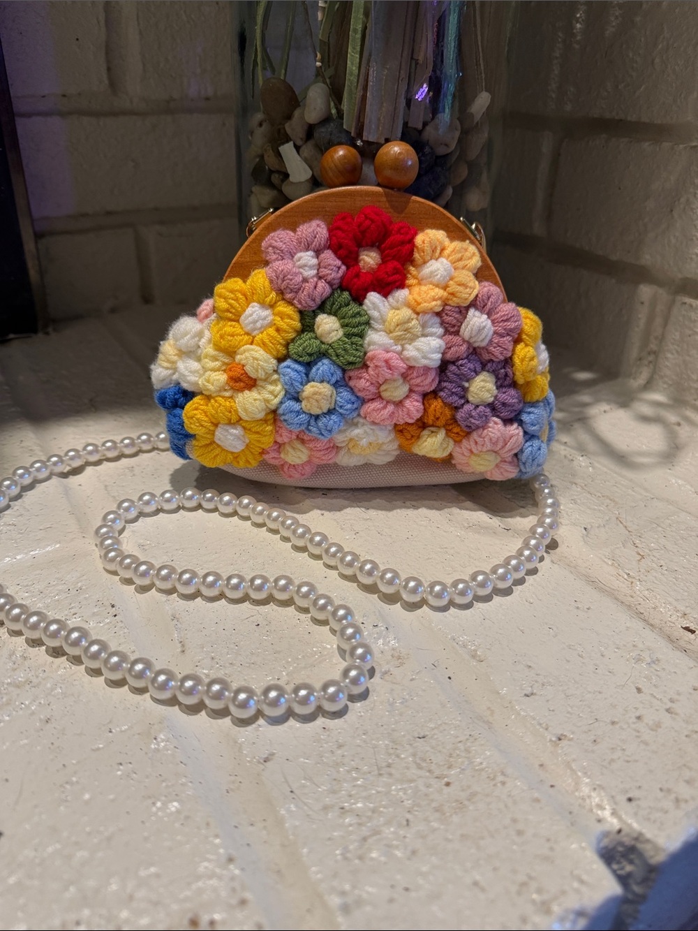 Handcrafted Multicolor Floral Crochet Clutch with Pearl Strap